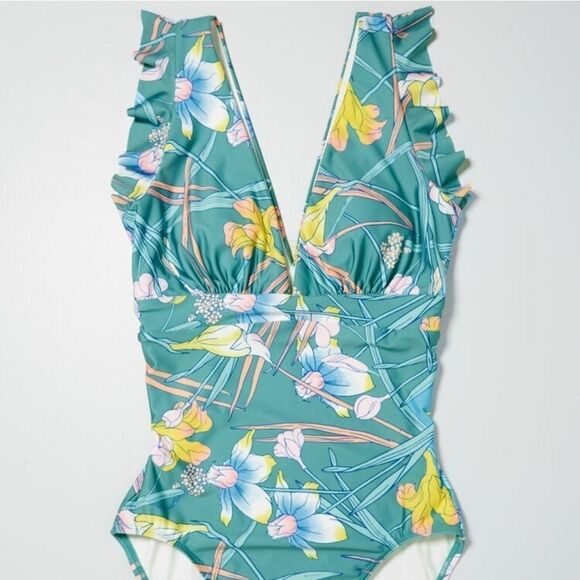 Modcloth The Kelsie Blue Floral Deep V One-Piece Swimsuit S - Picture 3 of 10